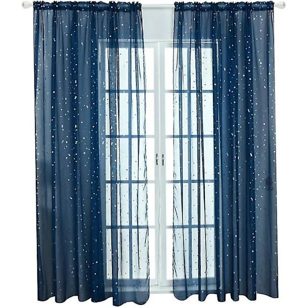 Stjerne Tulle Gardiner, Gennemsigtige Stjerne Gardiner til Soveværelse Glitter Stjerne Voile Gardinpanel (100x200CM, Blå)