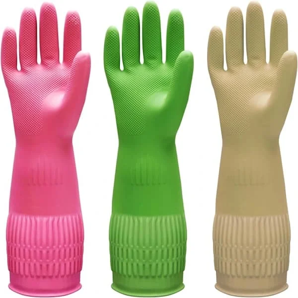 Par Hushållshandskar, Långa Gummihandskar, Återanvändbara Städhandskar, Vattentäta Handskar, Rosa-Gul-Grön