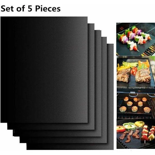 Sett med 5 Grillmatter BBQ Grillmatte Stekeplate Ovn 40x33cm for Gass, Kull, Elektrisk Grill 100% Non-stick