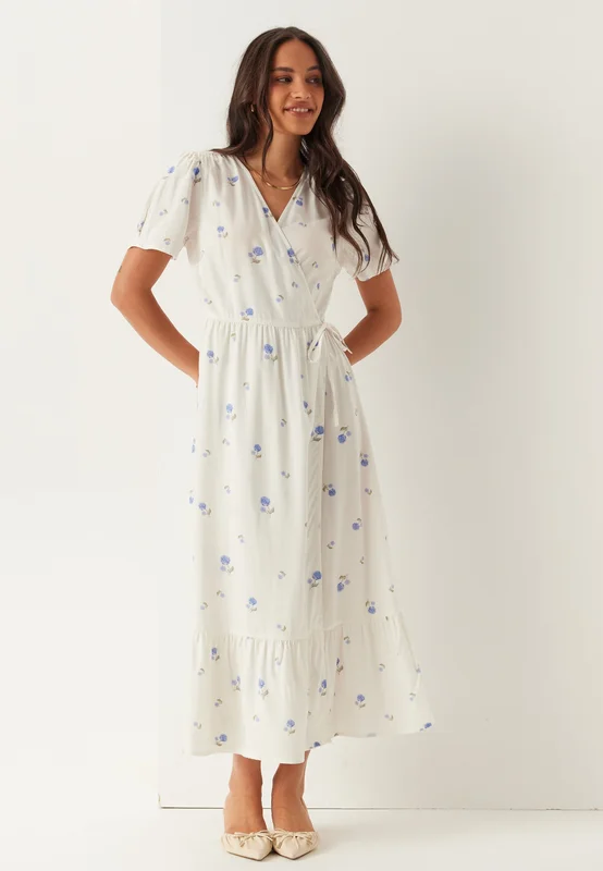 BUBBLEROOM-Flounce Viscose Wrap Dress-White/Patterned