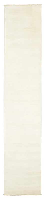 Plain (Single Colored) Small Handloom Fringes Rug - Ivory White 80X400 Wool, Modern Style