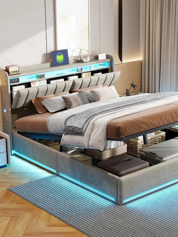 AliExpress - Hydraulic Bed 140 x 200 cm with LED,Upholstered Bed with USB,Headboard with Storage Space,Bed Frame,for Bedroom,Guest Room,Grey