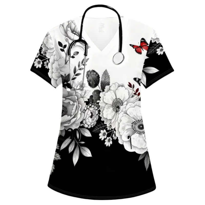 AliExpress - T-shirt de travail pour femmes à motifs floraux, blouse d'uniforme médical extensible, haut de blouse médicale à col en V et manches 