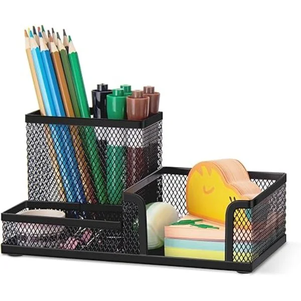 Mesh Pen Holder, Desk Organizer, Wire Basket with 3 Compartments for Pens and Pencils, Office Supplies, Desk Accessories, Black
