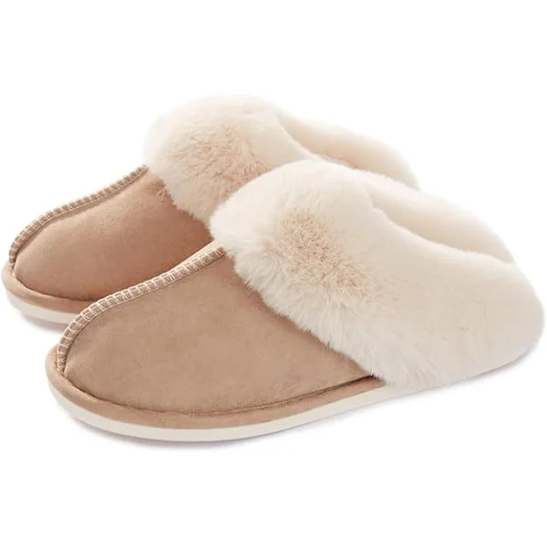 Damesko, varme damesko for vinter med minneskum, fluffy slip-on hjemmesko, semsket skinn og fuskepelsfôr, sklisikker såle