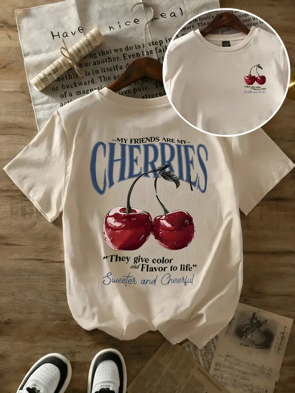 AliExpress - Sommer-T-Shirts mit süßeren Kirschen-Prints, Damen-T-Shirts aus Baumwolle, übergroße T-Shirts, Basic-T-Shirts mit O-Ausschnitt und kurzen