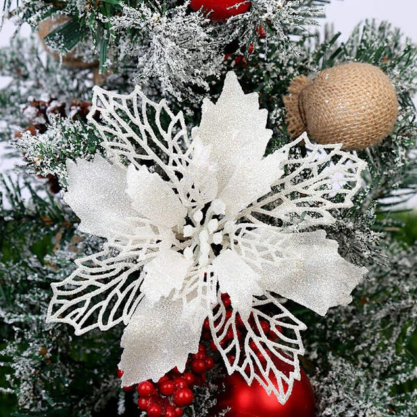 A set of 12 artificial flowers for Christmas trees (white, 10 cm)
