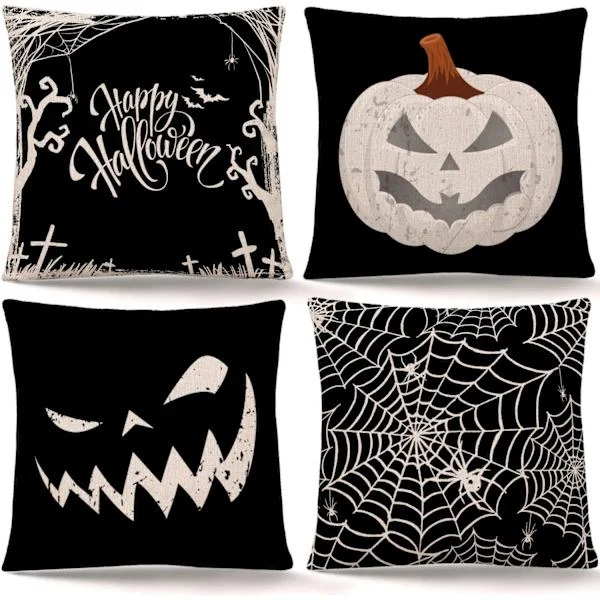 Glad Halloween Putetrekk Gresskar Spindelvev Putetrekk Svart Lin Putetrekk Putetrekk for Hjem Halloween-dekorasjon