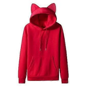Men's Casual Solid Color Hoodie with Cat Ears, Fleece Pocket Hoodie (S Red)