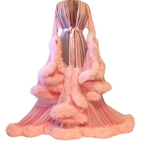 Dam lång klänning med släp fjäder utsvängda ärmar klänning perfekt för möhippor Rosa One Size