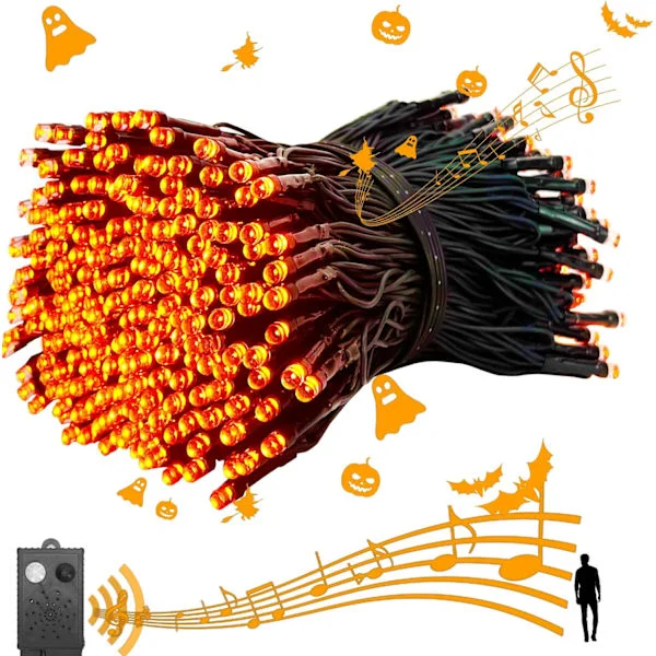 LED-lyskæder med uhyggelig musik, bevægelsessensor Halloween-belysning udendørs vandtætte orangefarvede lamper med lyd til Halloween-dekor jule-XS6-