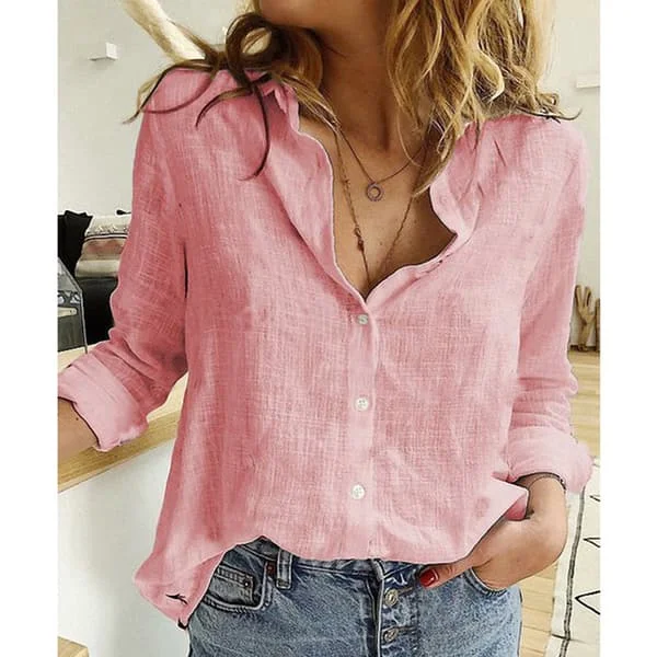 【NX】Dame linskjorte, ensfarget, button-down krage, sommerskjorte, beste gave rosa