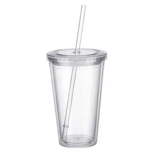Dobbelvegget plastkopp med lokk og sugerør, isolert kaffekopp, 500 ml, transparent