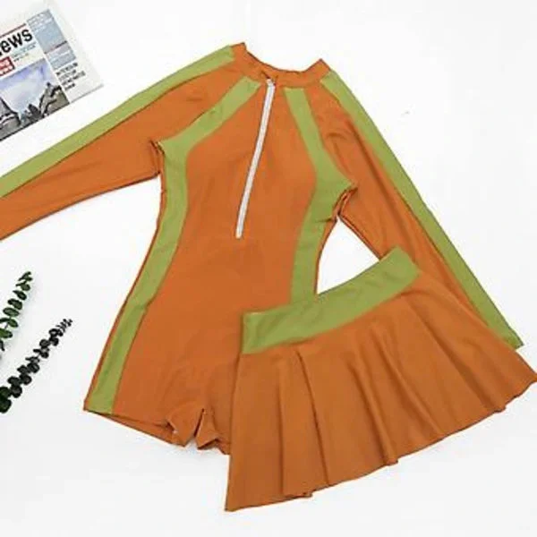 Baddräkt barn jumpsuit tvådelad plattvinkel leggings med kort kjol flicka badkläder S Orange