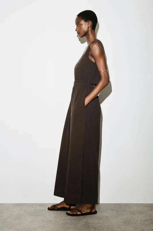 COS Open-Back Seersucker Wide-Leg Jumpsuit Dress in Brown - Women