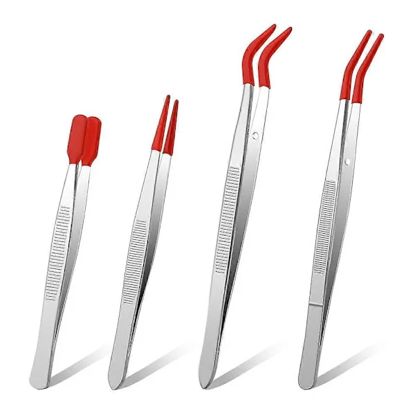 4 stk. pinsett med gummitupper, PVC-belagt pinsettsett, pinsett med rett gummitupp, pinsett med flat gummitupp