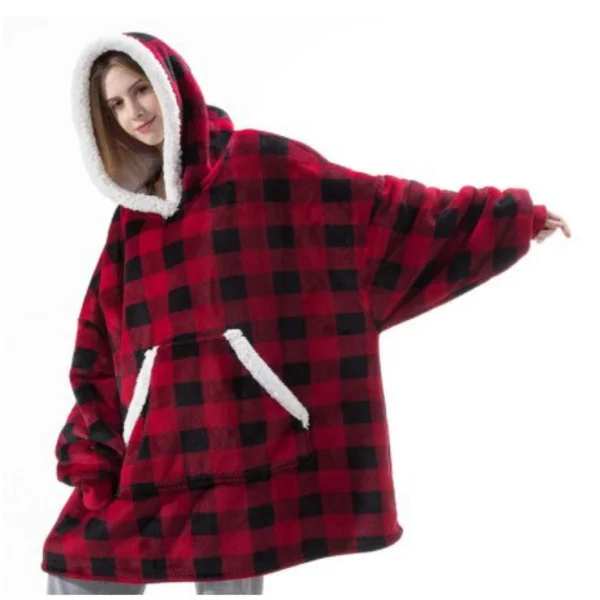Mub- TV fleece fortykket udvidede pyjamas varmt TV-tæppe udendørs kold badekåbe hættetrøje tæppe Rødternet Længde 80*130cm