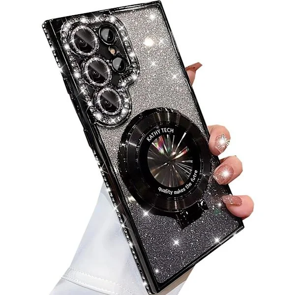 【NX】Compatible with Samsung Galaxy S25 Ultra Magnetic Stand Glitter Case, [Magsafe Compatible] Cute Bling Diamond Rhinestone with Came