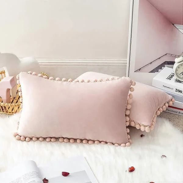 Sett med 2 Firkantede Myke Fløyelsputetrekk med Dusker Hjem Dekorative Putetrekk for Stue Sofa Soverom 30x50cm Rosa (FMY)