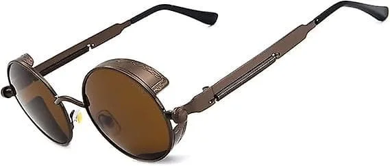 Brune ramme, brune linser, steampunk-stil, runde, vintage, polariserede solbriller, retrobriller, UV400 beskyttelse