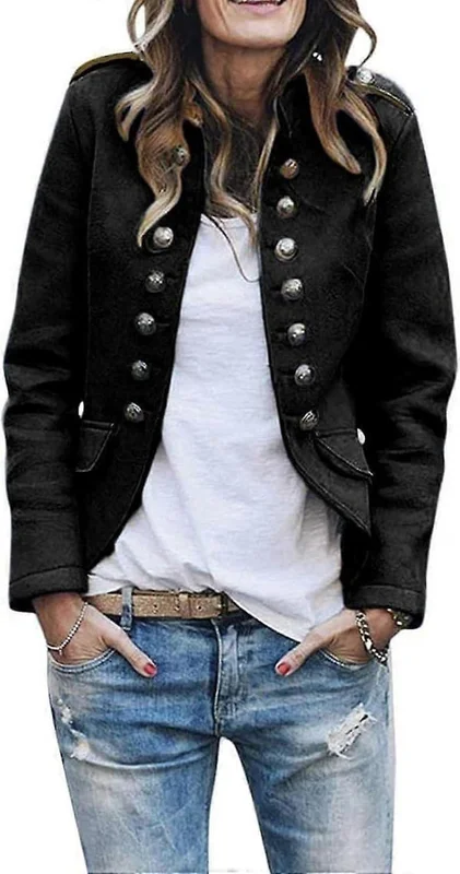 Damejakke, blandet, dobbeltradet militærblazer, kort business casual-jakke XL Sort