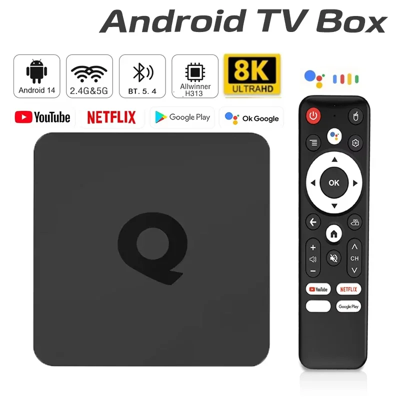 AliExpress - Nouvelle Box TV Android 14.0 Q1 8K Allwinner H313 8+256 Go ROM Wi-Fi Double Bande BT5.4 Télécommande Vocale Lecteur Multimédia Google 