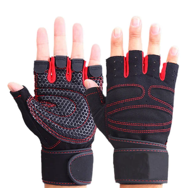 Fitness Gloves Prevent Slipping Breathable Fingerless Men Women Workout Gloves with Wrist Wrap for Weightlifting Gym Red