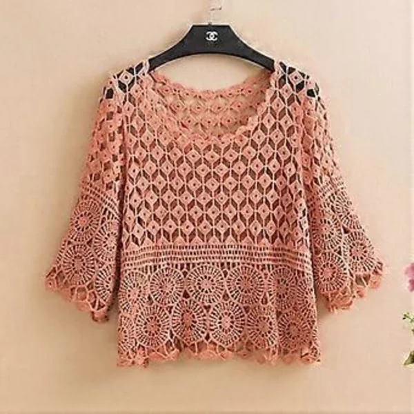 Spring and Summer Knitted Crocheted Solid Color Hollow Jacket New Fashion Loose Round Neck Five-point Sleeve Handmade Top Women (XL Pink)