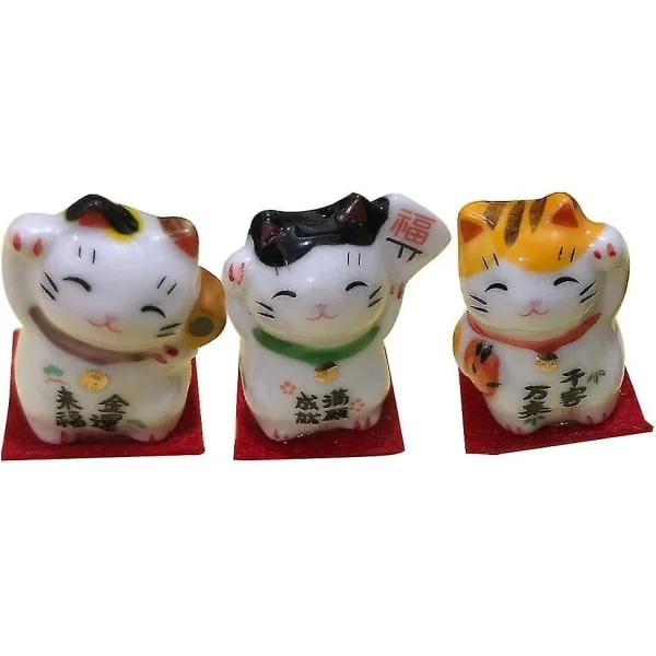 Sæt med 3 Maneki Neko Vinkende Kat Japansk Lykkekat Dekorativ Porcelænsfigur-FX-