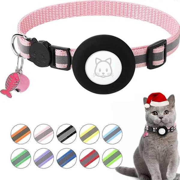 Justerbara Airtag Halsband för Katt GPS Reflexhalsband med Airtag Hållare Säkerhetsspänne och Bjällra & Fiskbenshänge
