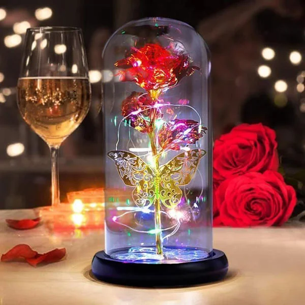 Opplyst Evig Rose Under Glasskuppel, Glitrende Galakse Rose med 3D Sommerfugl — Skjønnheten og Udyret-stil Glasskuppel Rose