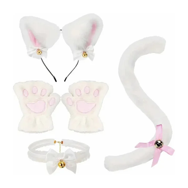 4 pcs/set Cat Costume Cosplay Accessories Set Plush Material Cat Ears Headband Bell Collar Paw Gloves Tail Set Whit-FX- White One Size