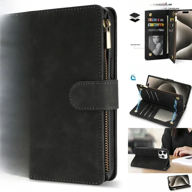 AliExpress - Brieftasche Multi-karte Zipper Ständer Magnetische Flip Leder Fall Für iPhone 16 Pro Max 15 Plus 14 13 Mini 12 11 SE 2 X XS XR 8 7 6s
