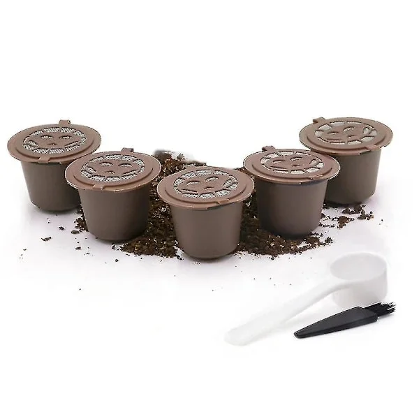 Gjenbrukbare kaffekapsler 5-pakning påfyllbart rustfritt stålfilter for Nespresso Original Line med skje og børste, brun