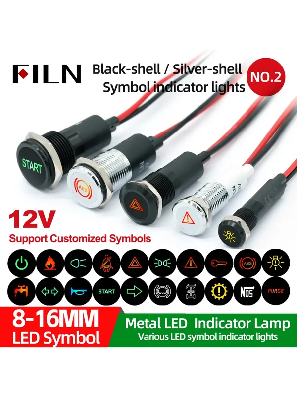 AliExpress - FILN 12V 24V symbole pilote lumière LED indicateur métallique 8mm 10mm 12mm 14mm 16mm tableau de bord de voiture camion tableau de bord 