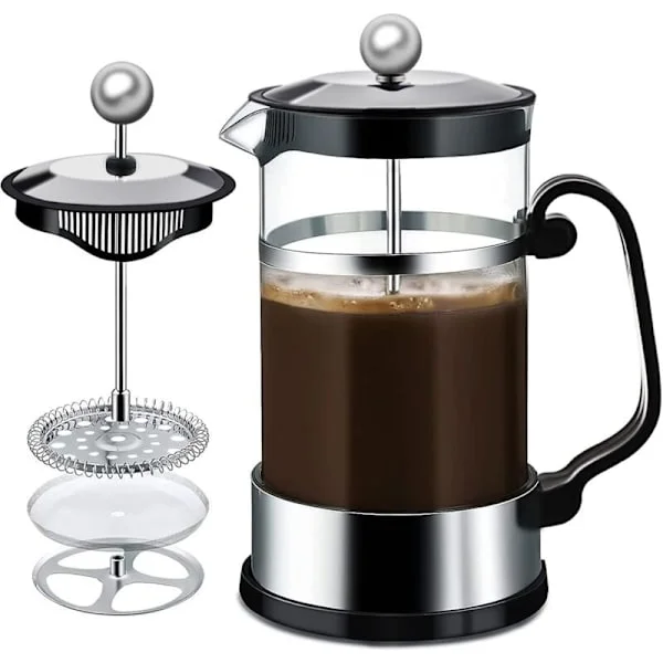 French Press Kaffetrakter, 1000ML French Press Kaffetrakter, Varmebestandig Glass Te-Trakter med Lett-Rengjørlige Filtre (Svart)