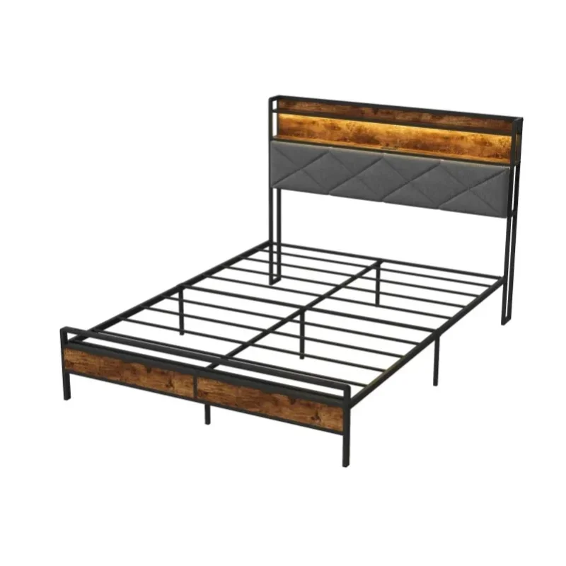 AliExpress - Superaly 140×200cm Industrielles Bettgestell aus Holz und Metall, grau leinenbezogenes Bett mit dunkler Holzmaserung, RGB-LED-Beleuchtung