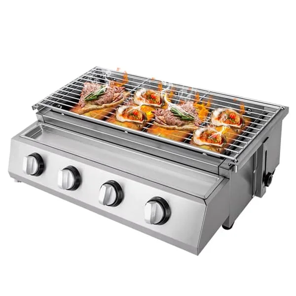 Professionell 4-brännare bärbar gasolgrill - Rostfritt stål rökfri bordsgrill för camping inomhus utomhus