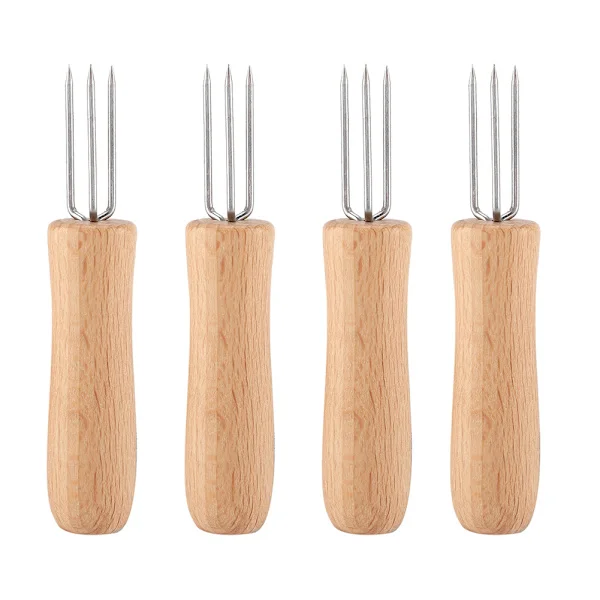 4 Pcs Wooden Handle Stainless Steel BBQ Meat Fruit Forks Grill Corn Holders