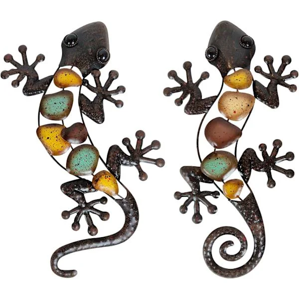 Metal Gecko Wall Decor Large 2-pack, Outdoor Lizard Wall Art (38 cm)