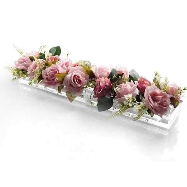 Klar akryl blomvas rektangulär blommig mittpunkt för matbord, lång rektangel akryl vas för hem bröllop matbord dekoration
