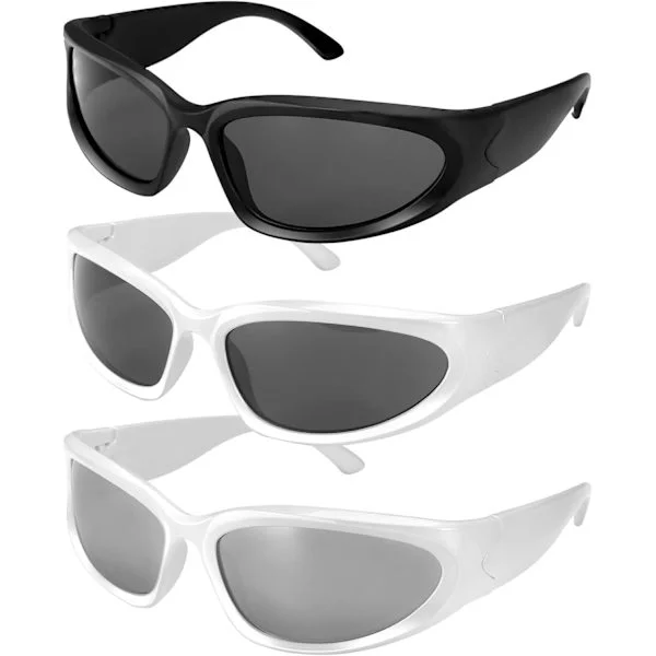 3 stk Wrap Around Sports Solbriller, Motebriller for Kjøring Sykling Fiske Løping Solbriller UV400 Sports Futuristiske Ovalbriller for Menn Kvinner