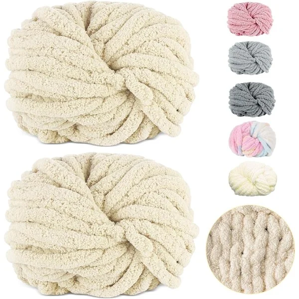 500g (250gx2) Chunky Garnboll ca 54m Chenille Chunky Pelsgarn Myk Ull Chunky Garn Mykt Strikkegarn for Heklede Tepper Skjerf Hatter beige