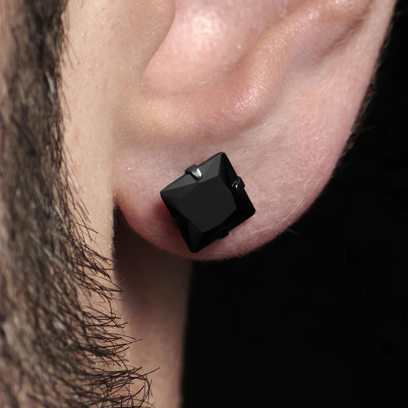 Lucid | 925 Sterling Silver Black 8mm Square Stud Earring for Men - Stud earrings