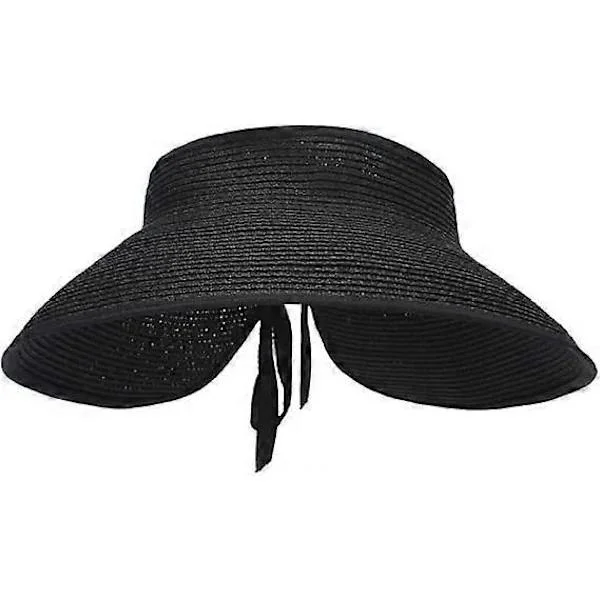 Store Strand Solhatte i Halm til Kvinder, Foldbar Hat med Bred Skygge til Damer, Visir Kasket Spandhat med Roset Sort