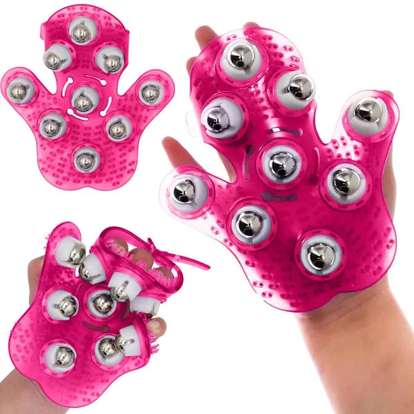 Massagehandske med 9 roterande metallkulor 16x14,5 cm rosa