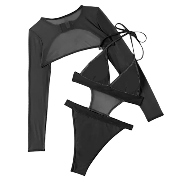 Dam Bodycon Sexiga Utskurna Baddräkter Tvådelade Rave Outfits Hel Baddräkt med Axelryckning och Spänne för Klubbkläder Svart