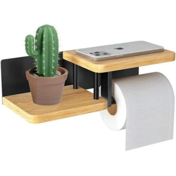Toilet Paper Holder with Cell Phone Holder - Double Toilet Roll Holder without Drilling - Wall Mount for Kitchen, Bathroom (FMY)