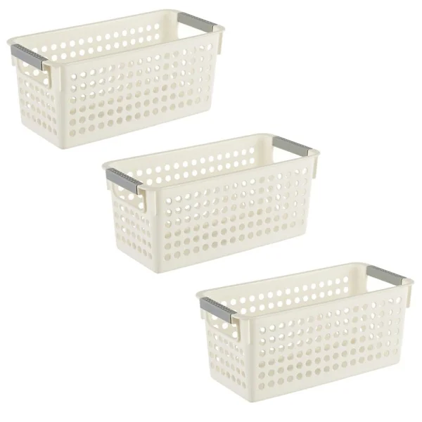 Slim Plastic Storage Basket, Rectangular Organizer Box with Non-Slip Handles, Ventilation Design Sturdy Storage Bin for Home Office, Stackable