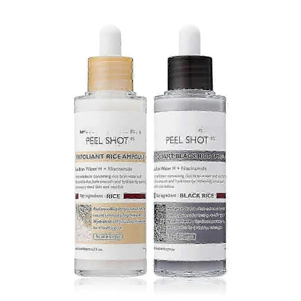 Peel Shot Glow Rice Ampoule Duo - White & Black Rice Ampoule, Gentle Exfoliating Scrub for Face & Body (1 set)